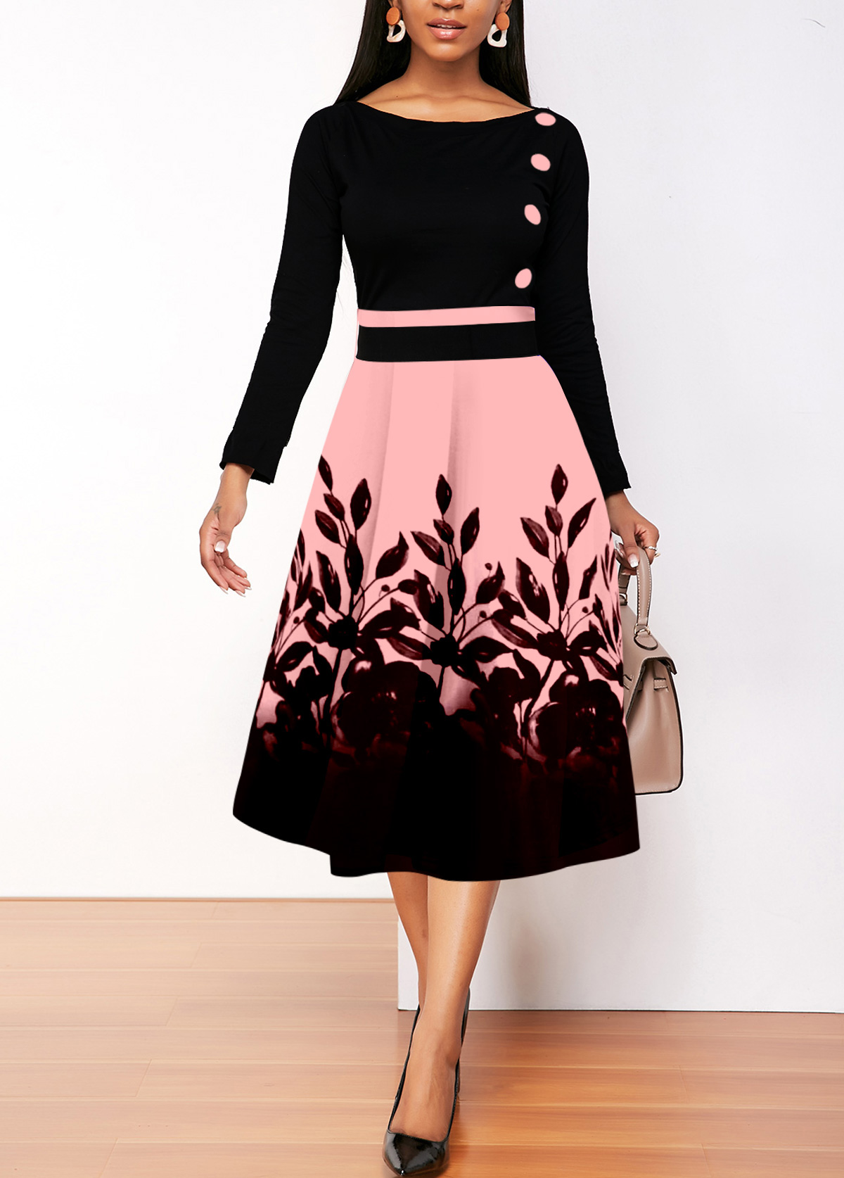 Pink Button Floral Print Long Sleeve Dress