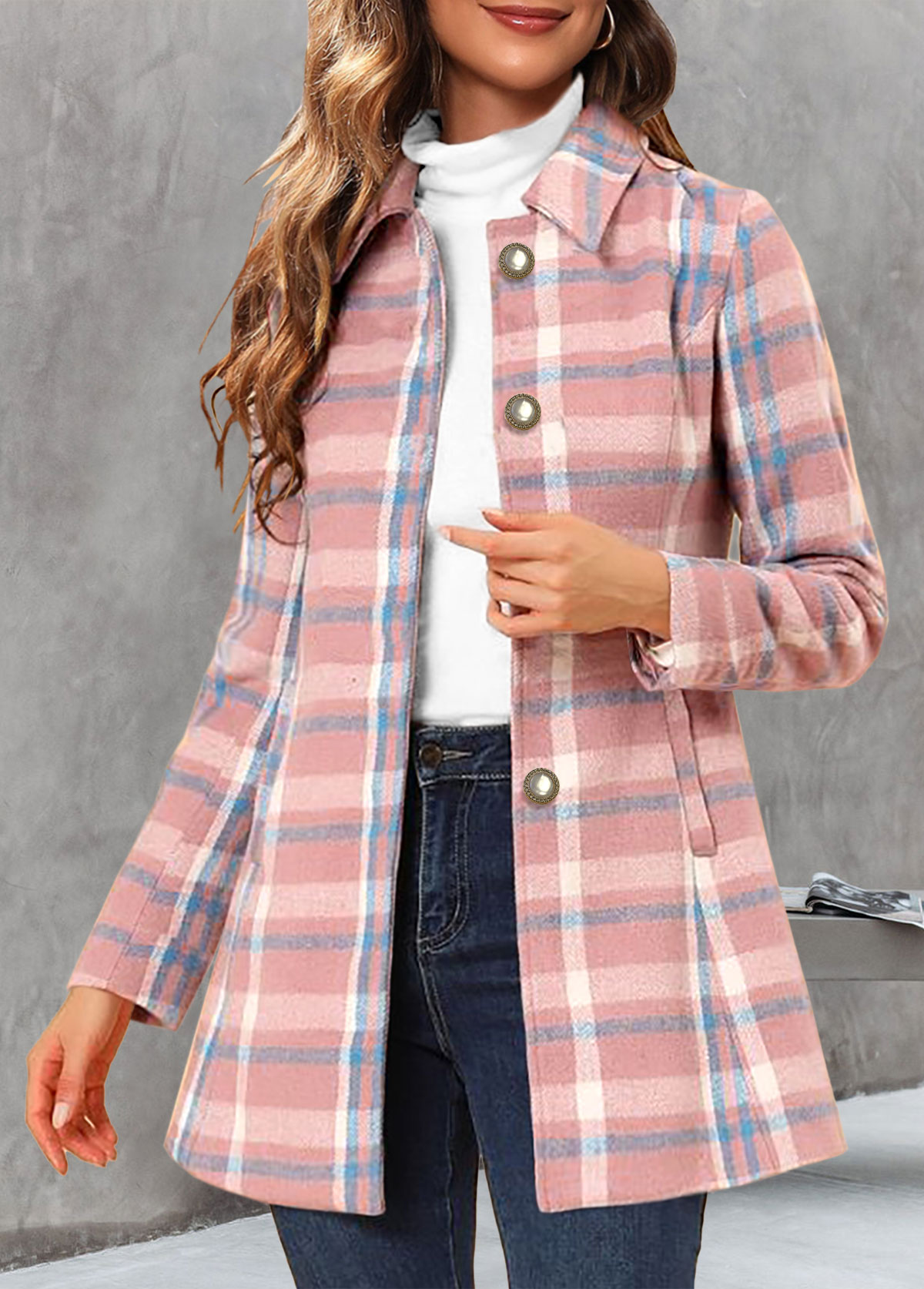 Pink Pocket Plaid Long Sleeve Shirt Collar Coat
