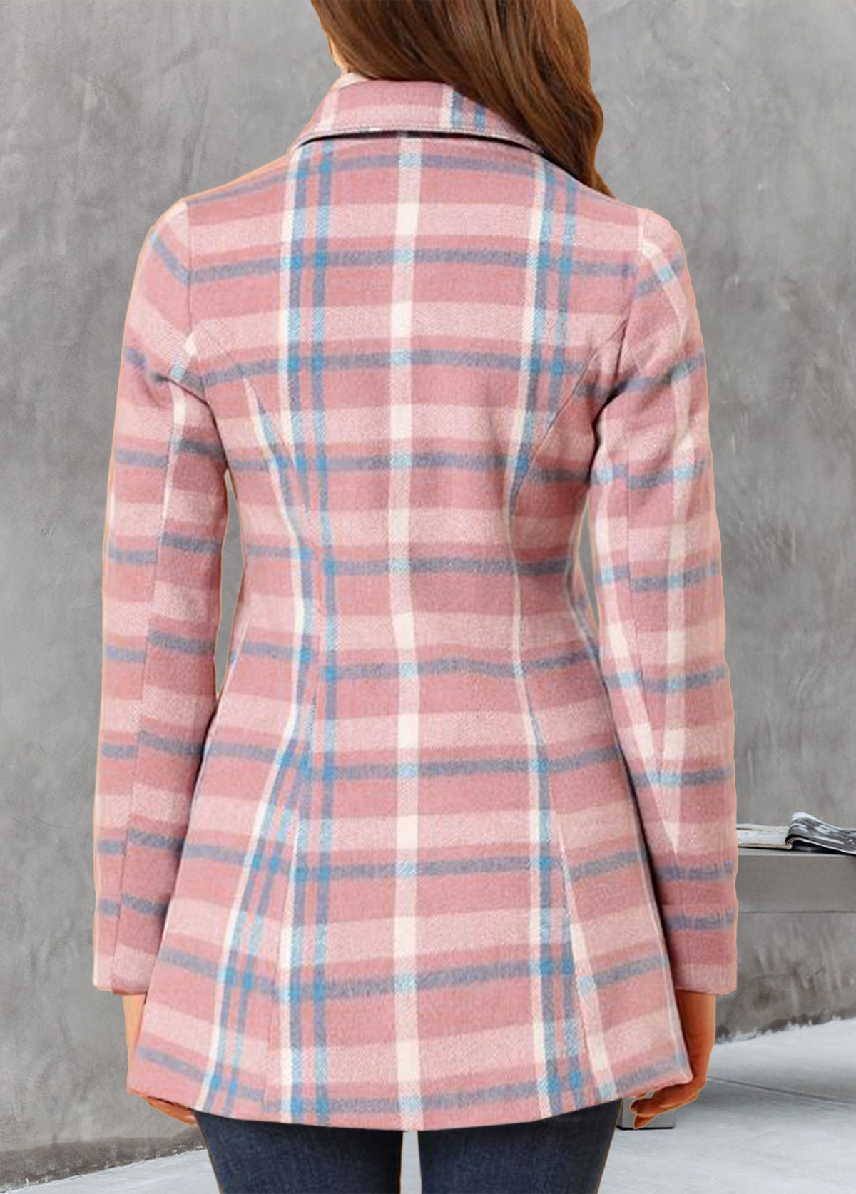 Pink Pocket Plaid Long Sleeve Shirt Collar Coat