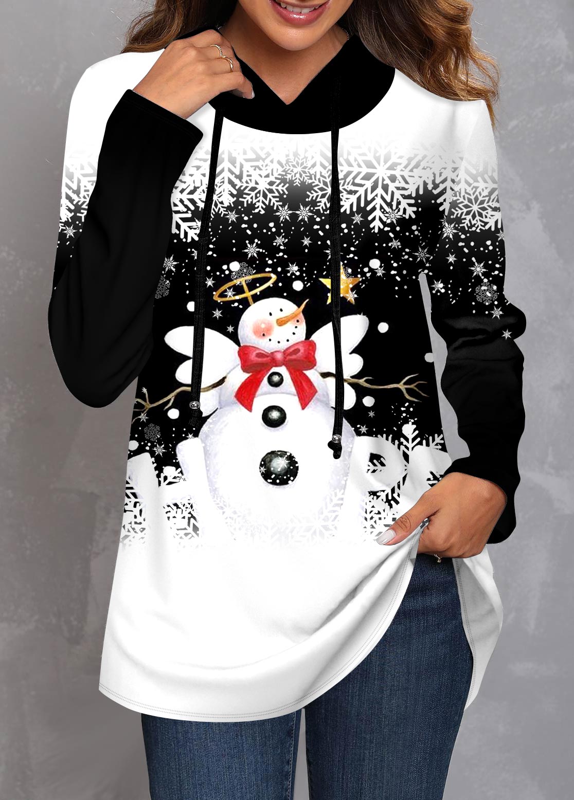 Plus Size Black Christmas Snowman Print Long Sleeve Hoodie