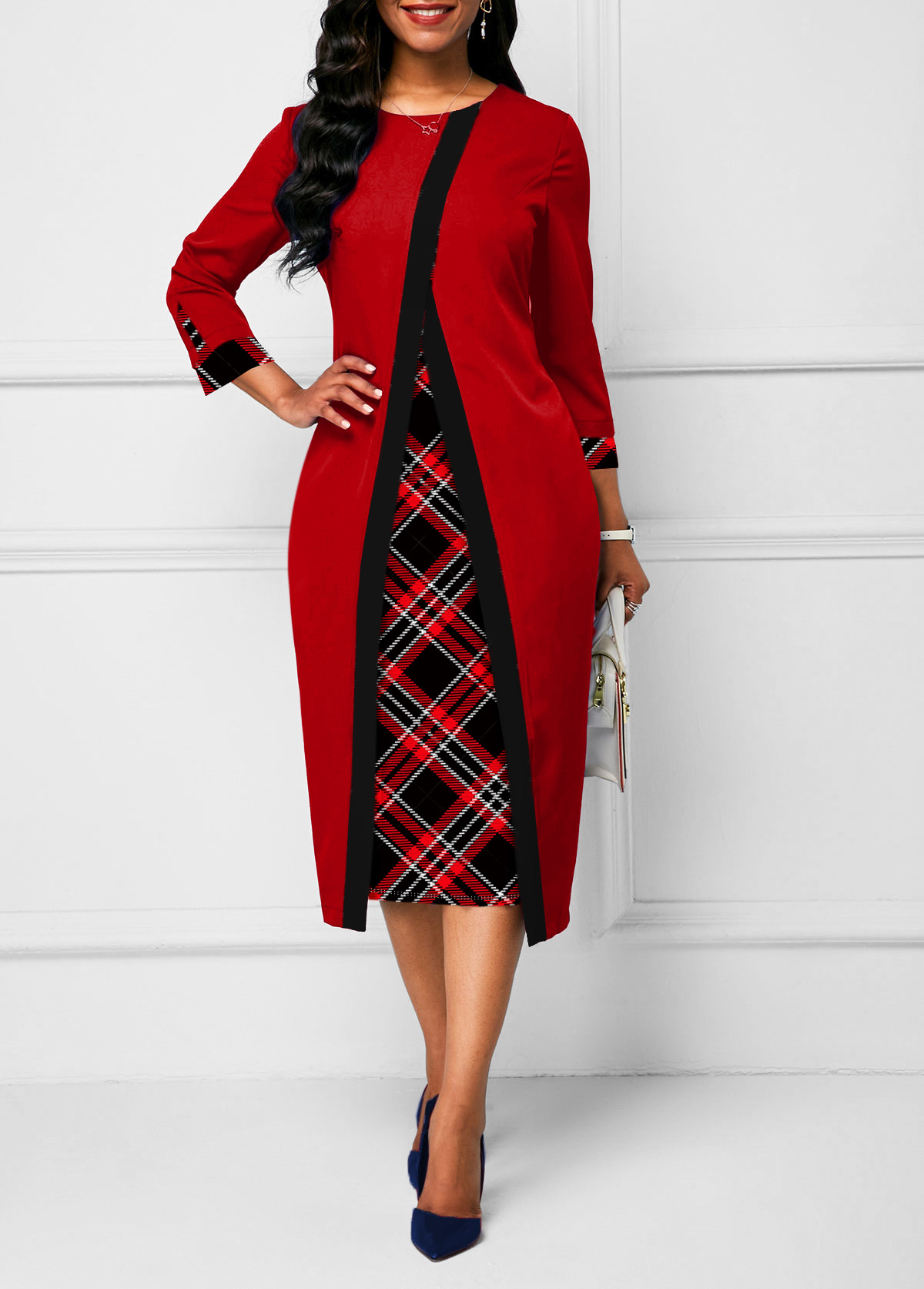 Plus Size Red Fake 2in1 Plaid H Shape Dress