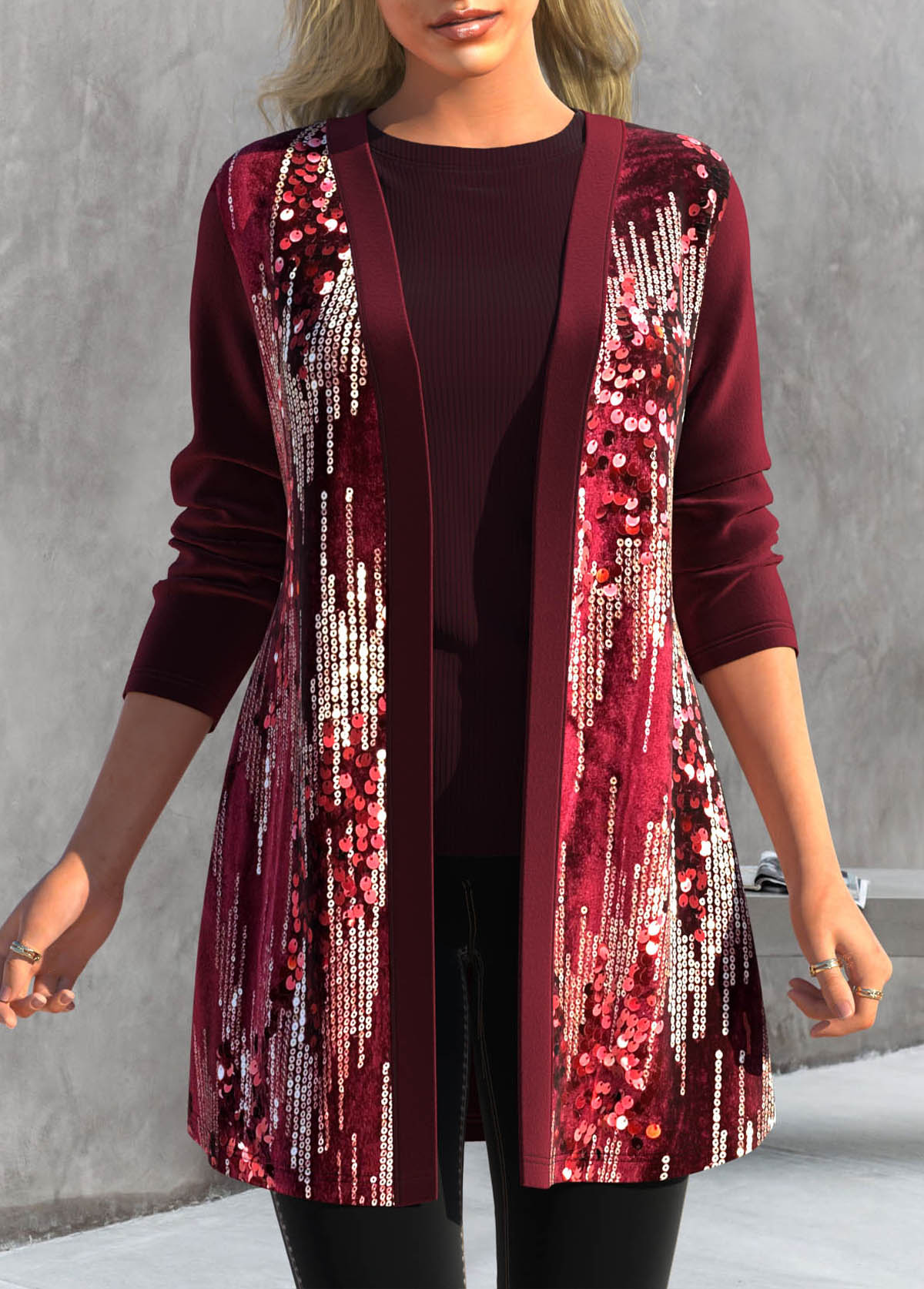 Plus Size Wine Red Sequin Long Sleeve Coat