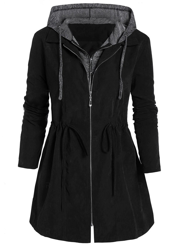 Black Drawstring Plus Size Long Sleeve Hooded Coat