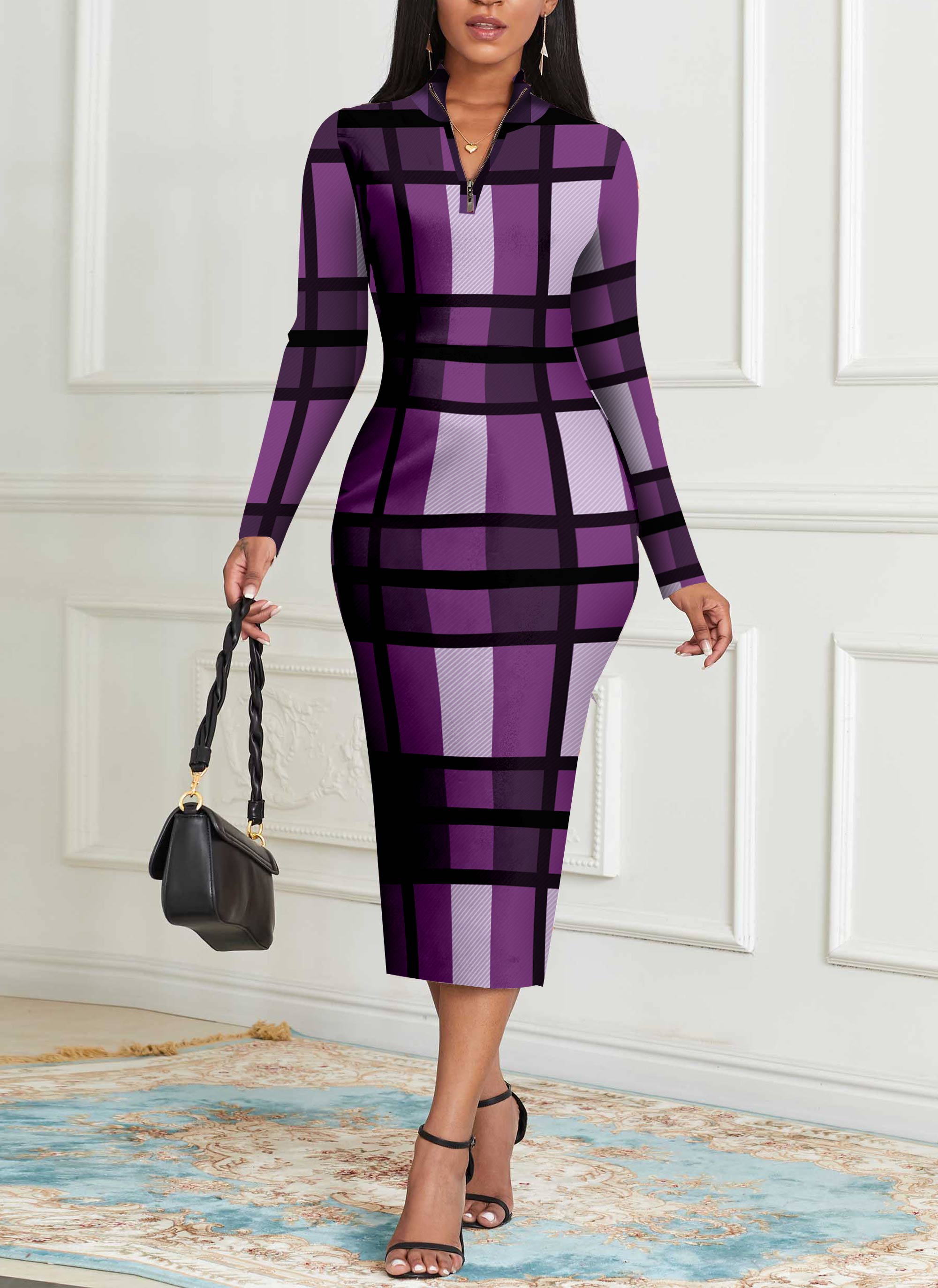 Purple Zipper Plaid Long Sleeve Bodycon Dress