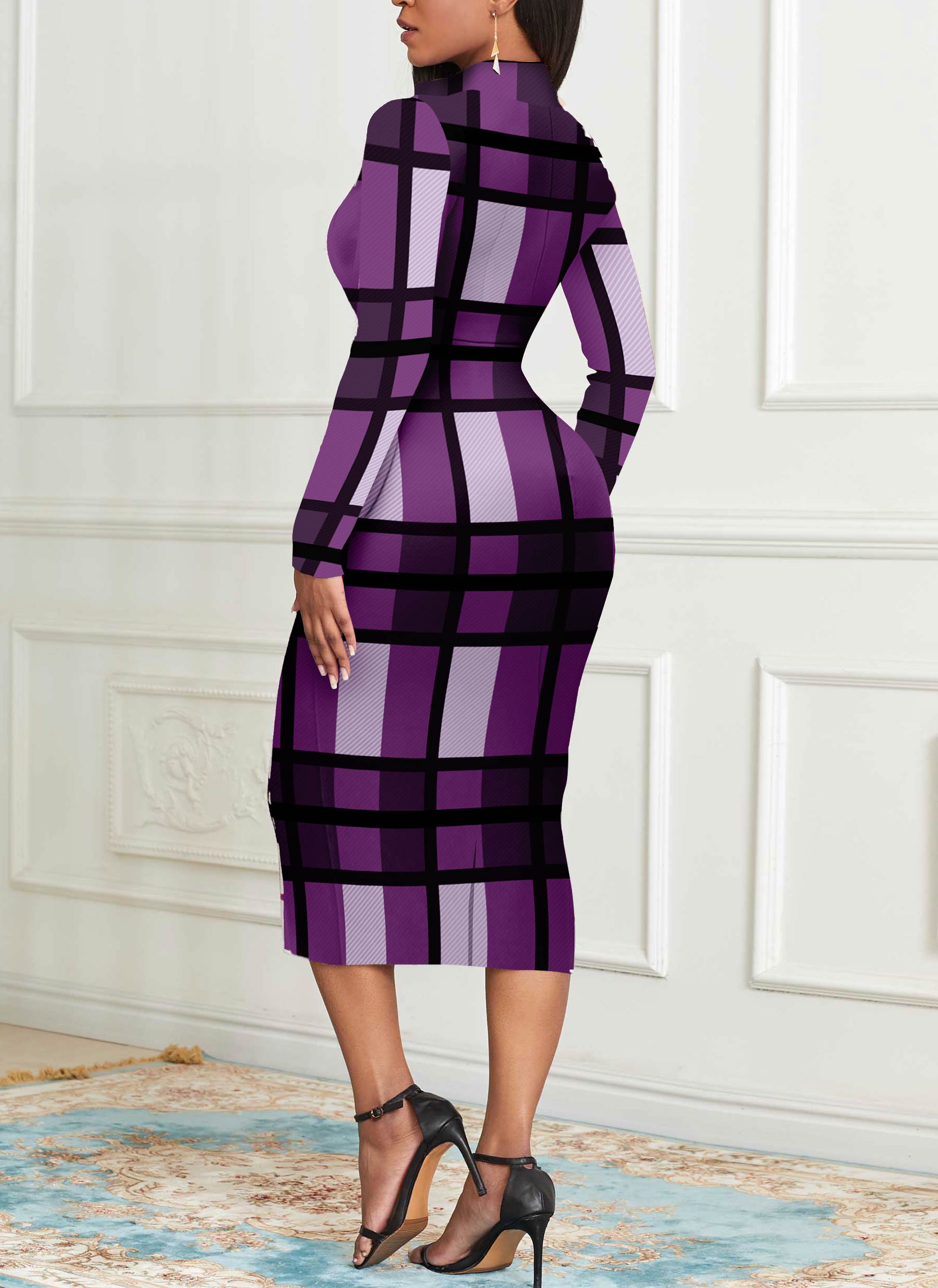 Purple Zipper Plaid Long Sleeve Bodycon Dress