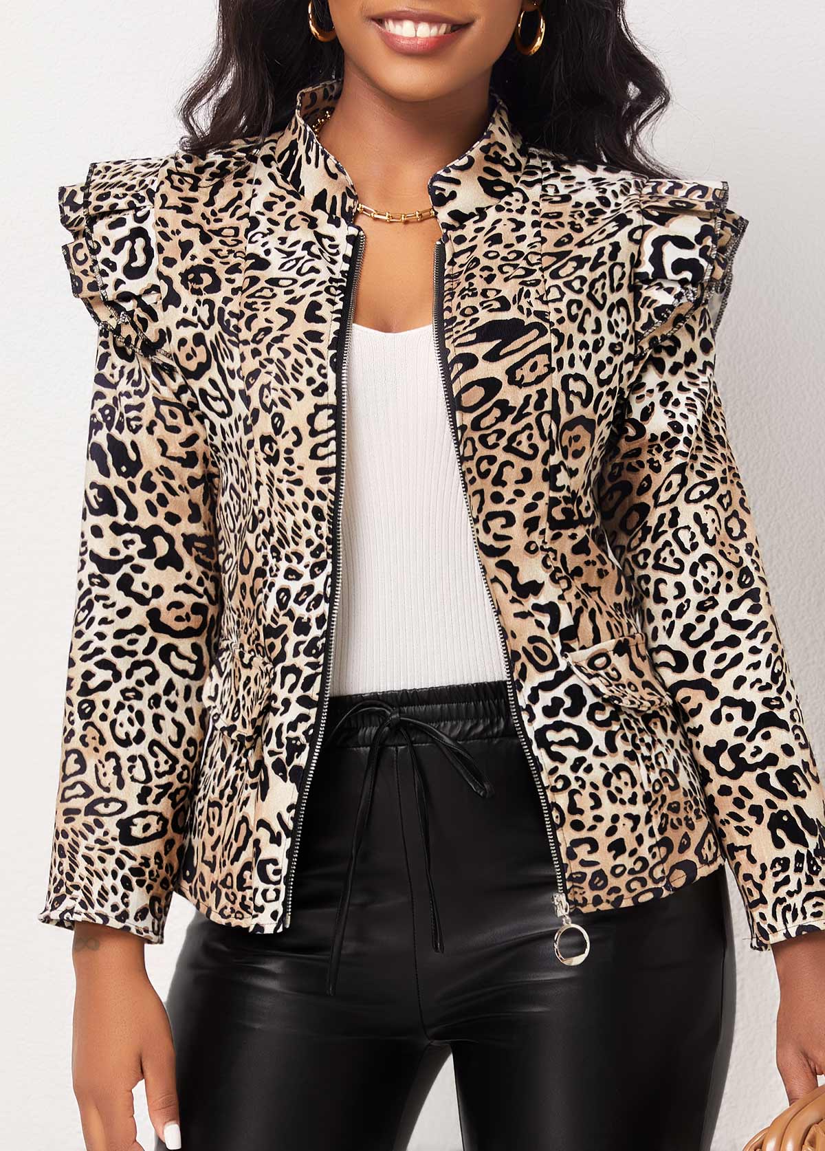Multi Color Zipper Leopard Long Sleeve Jacket