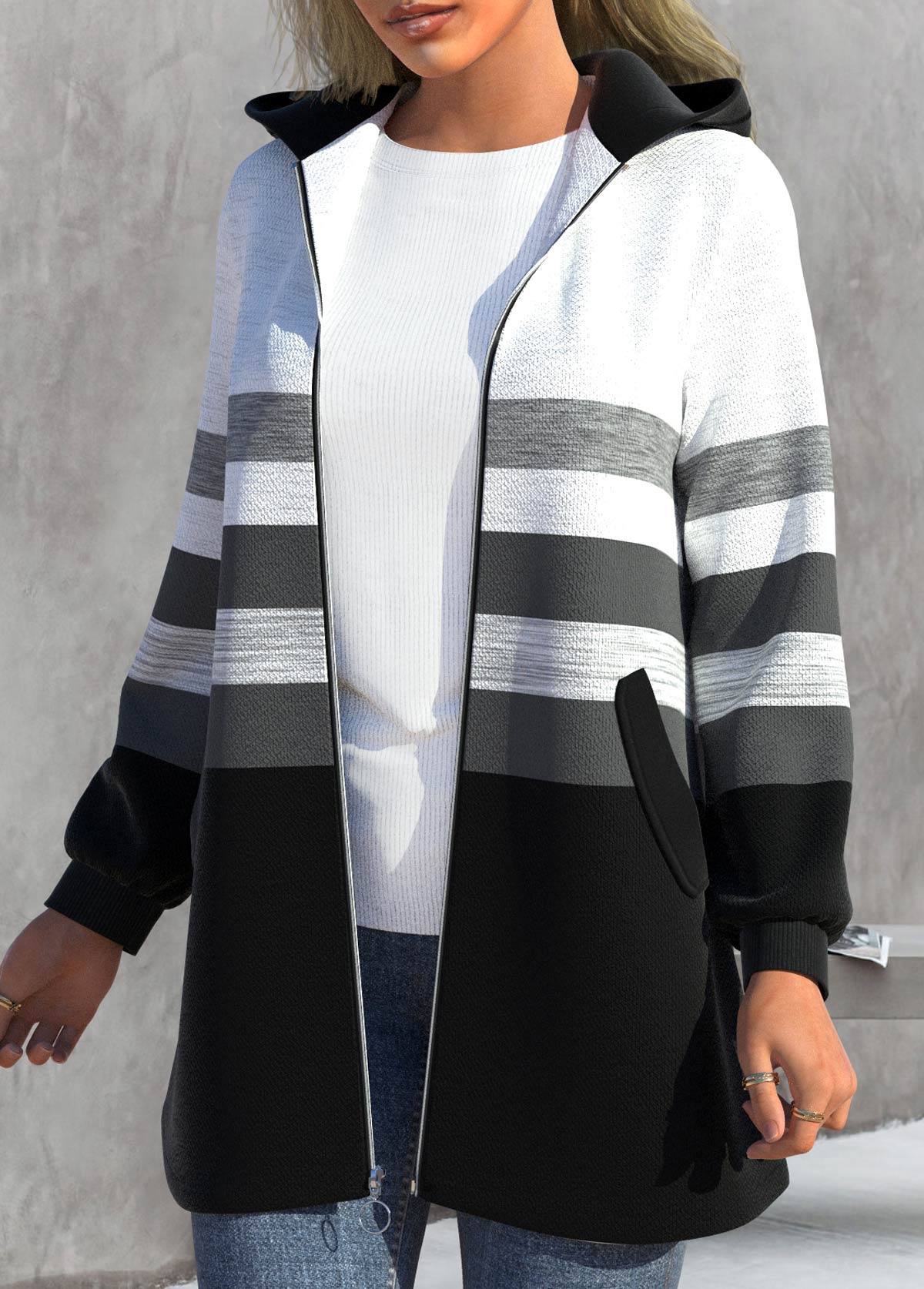 Black Zipper Striped Long Sleeve Hooded Jacket