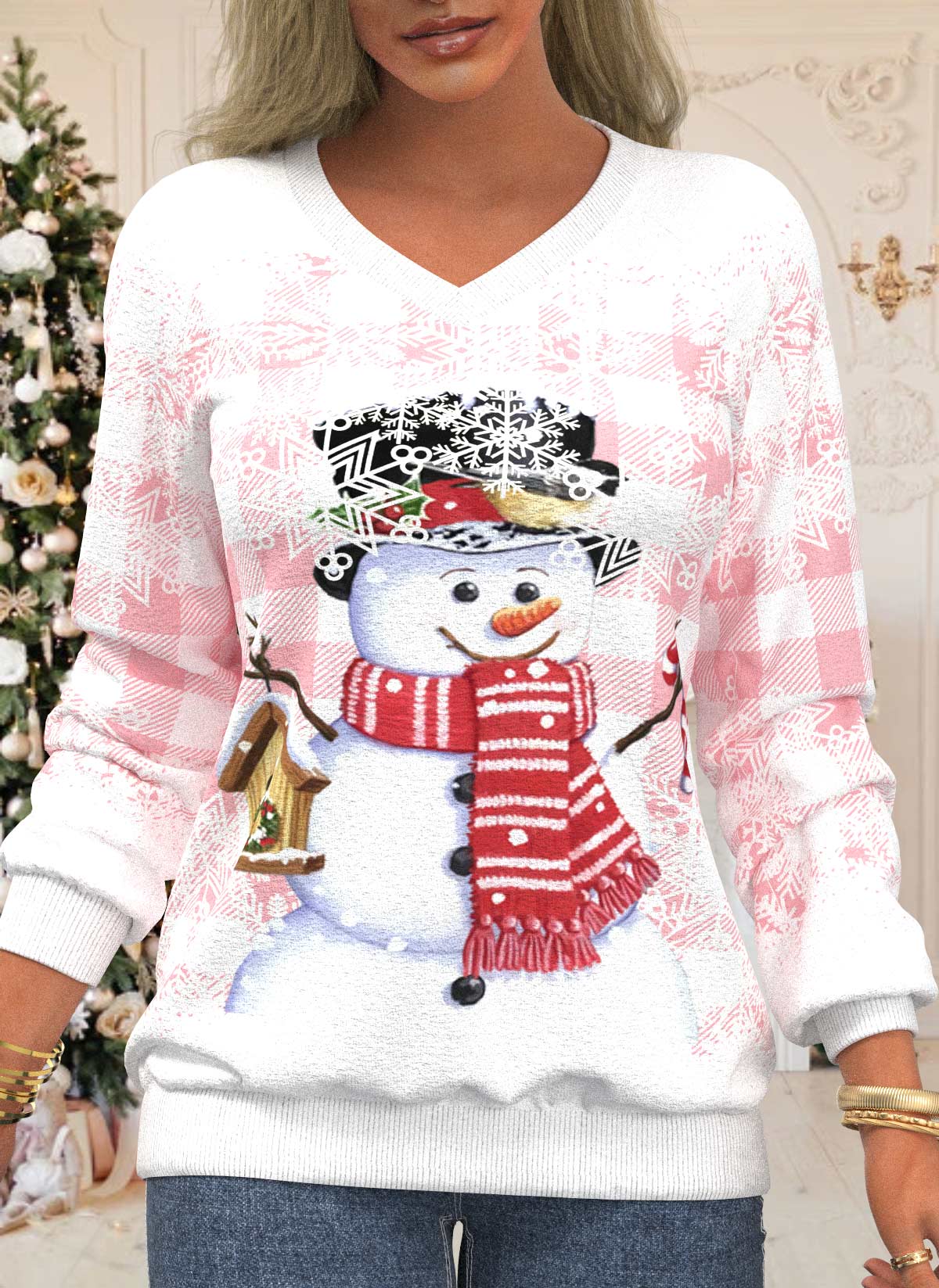 Pink Christmas Print Long Sleeve V Neck Sweatshirt