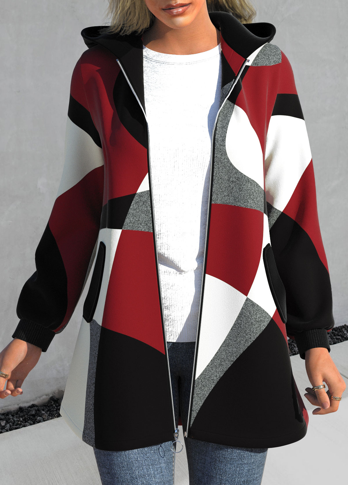 Red Zipper Geometric Print Long Sleeve Hooded Jacket