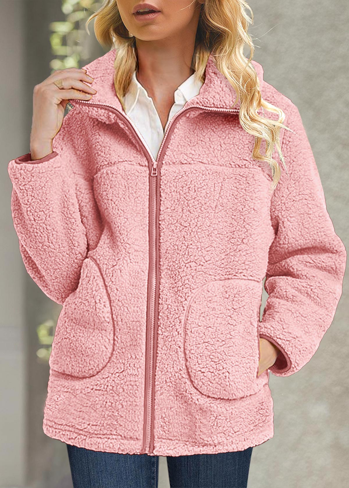 Plus Size Pink Plush Long Sleeve Turn Down Collar Coat