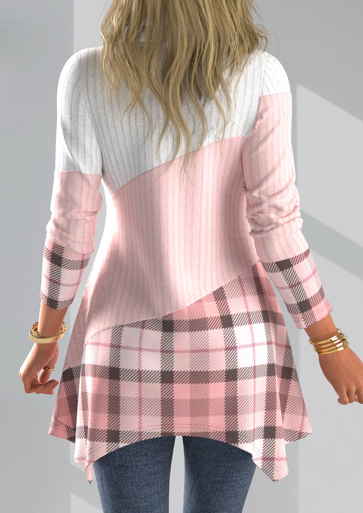 Plus Size Pink Plaid Long Sleeve Asymmetrical Neck Sweatshirt