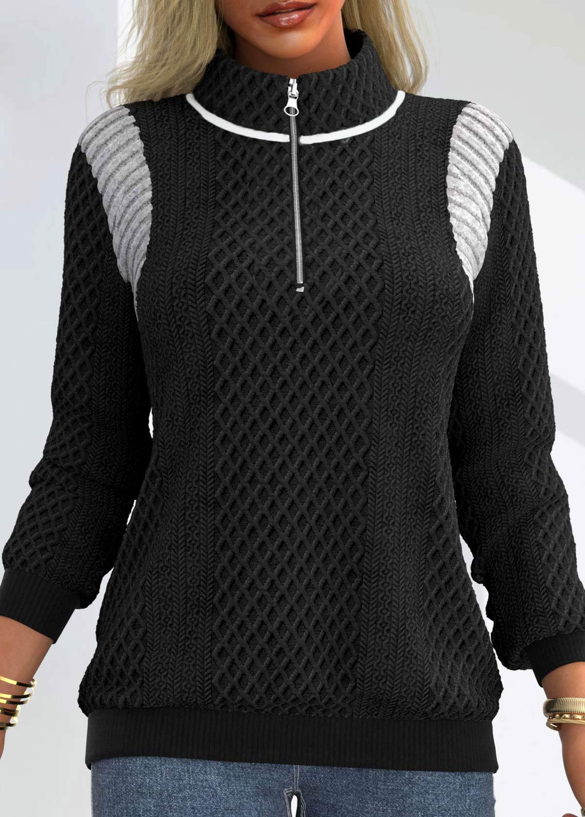 Black Patchwork Long Sleeve Stand Collar Sweatshirt
