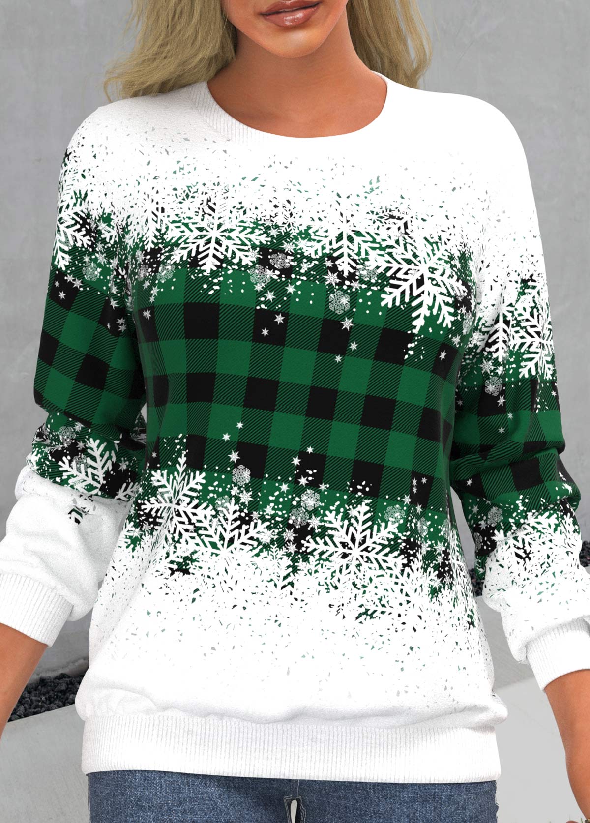 Green Snowflake Print Long Sleeve Round Neck Sweatshirt