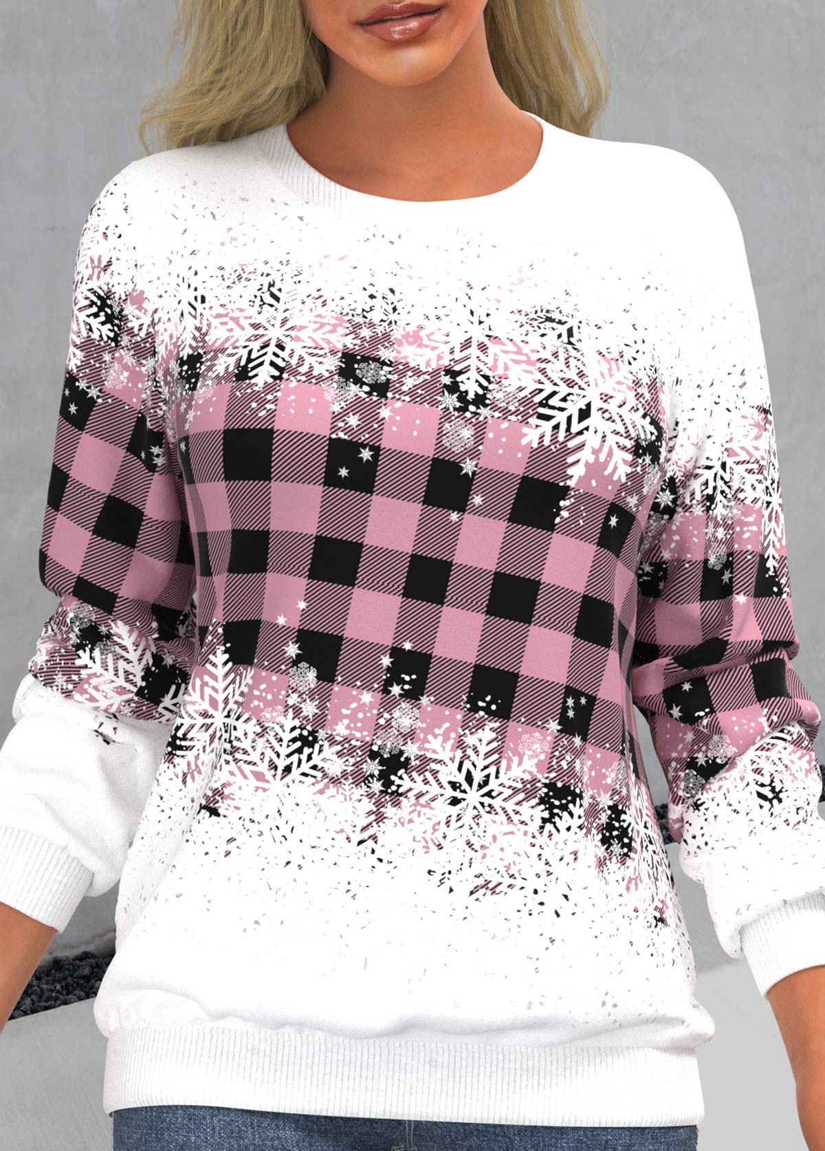 Plus Size Pink Snowflake Print Long Sleeve Round Neck Sweatshirt