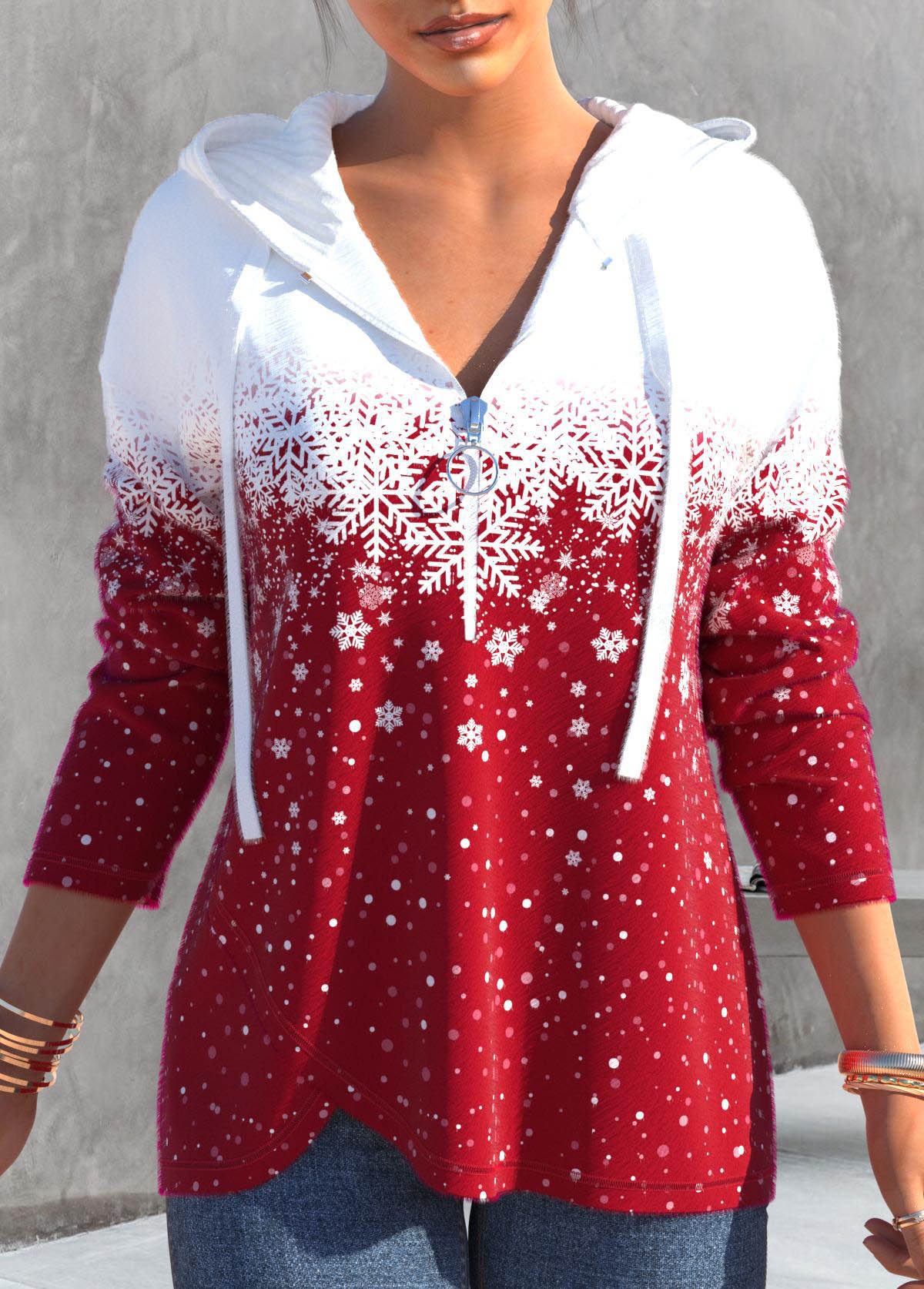 Red Zipper Christmas Snowflake Print Long Sleeve Hoodie