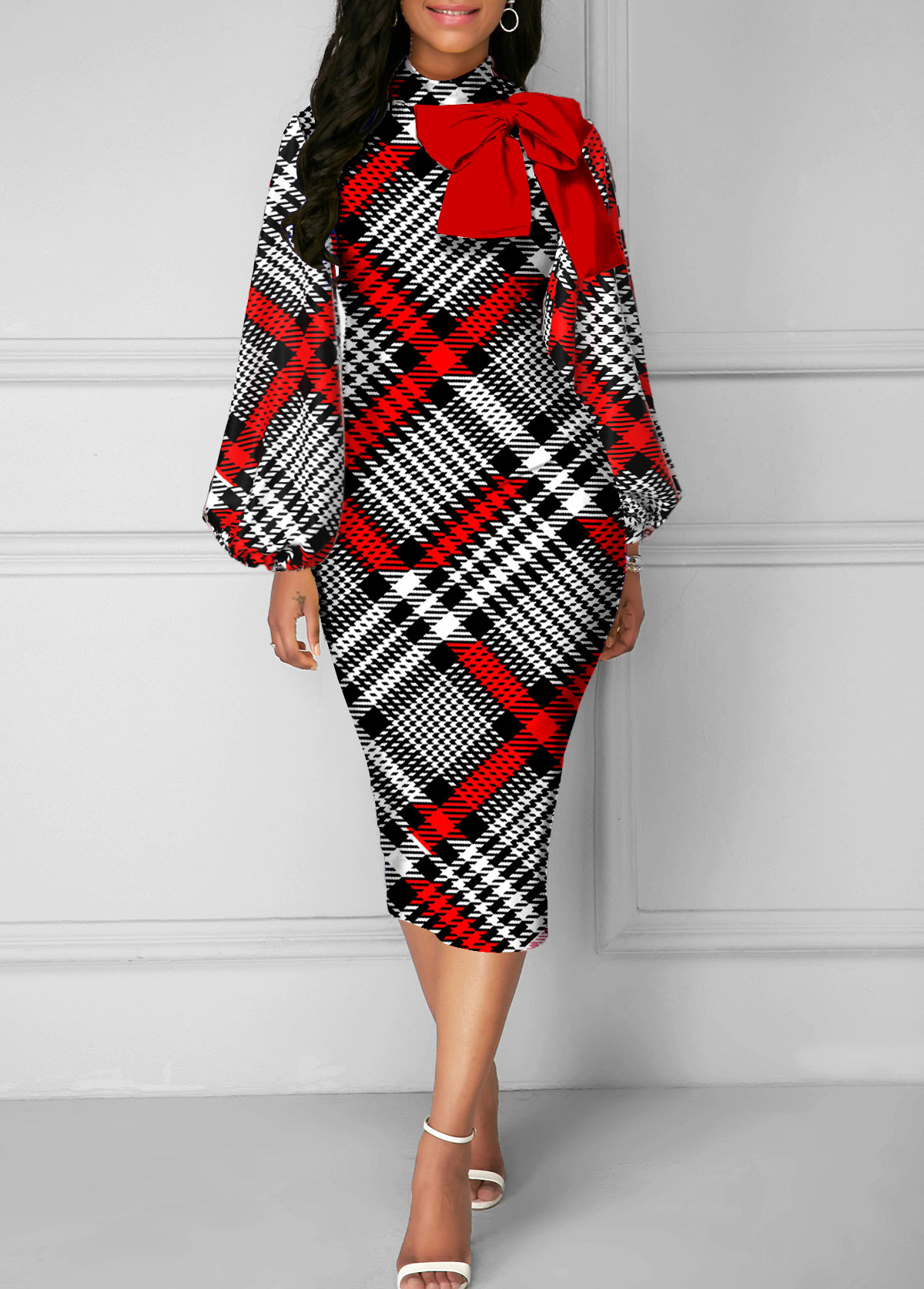 Red Bowknot Houndstooth Print Long Sleeve Dress