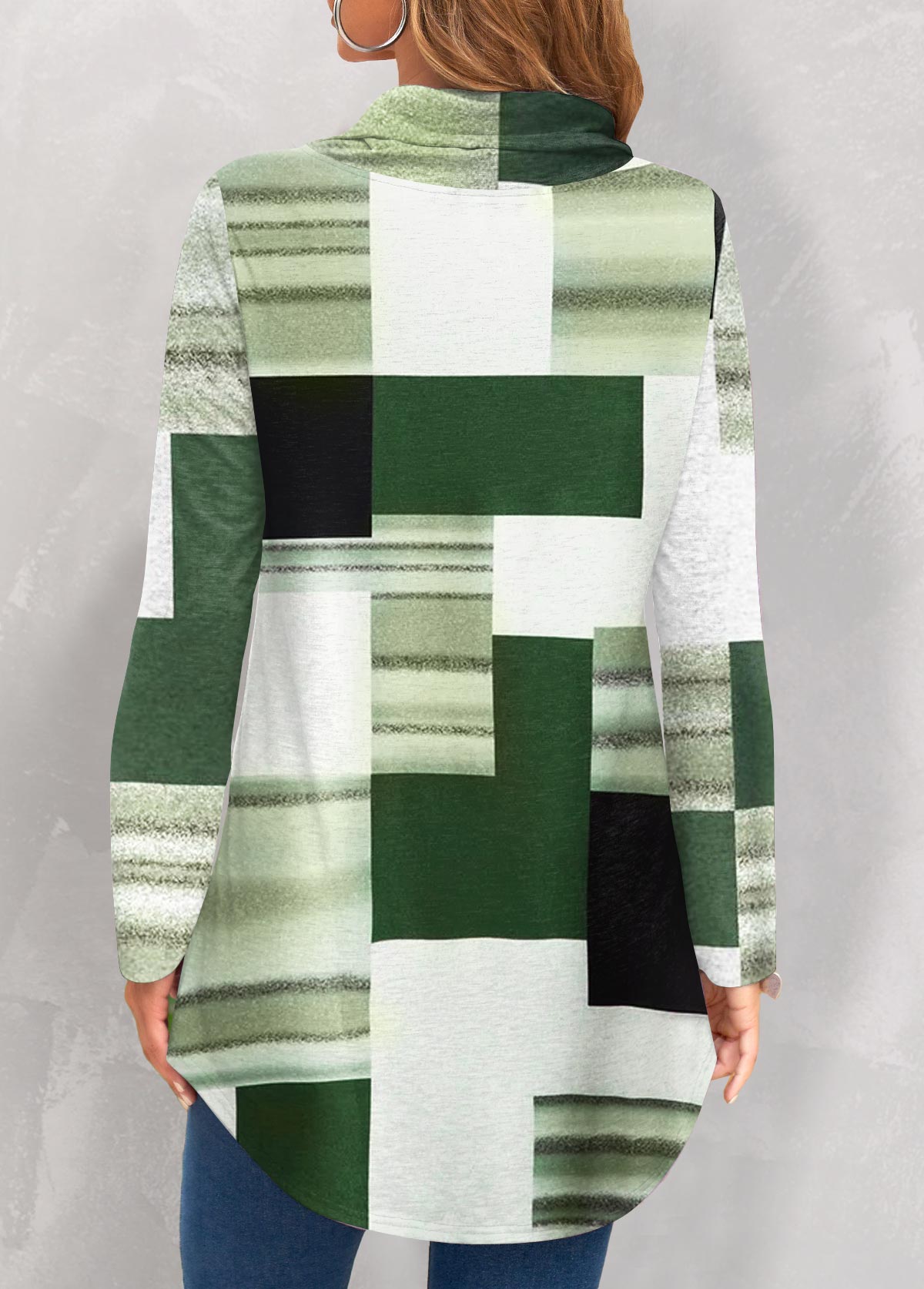 Green Patchwork Geometric Print Long Sleeve Sweatshirt