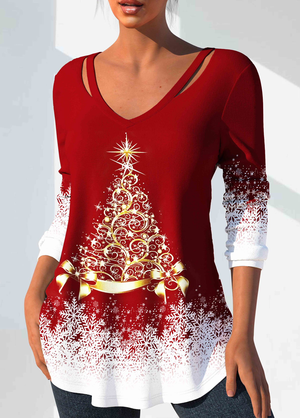Red Cut Out Christmas Print T Shirt