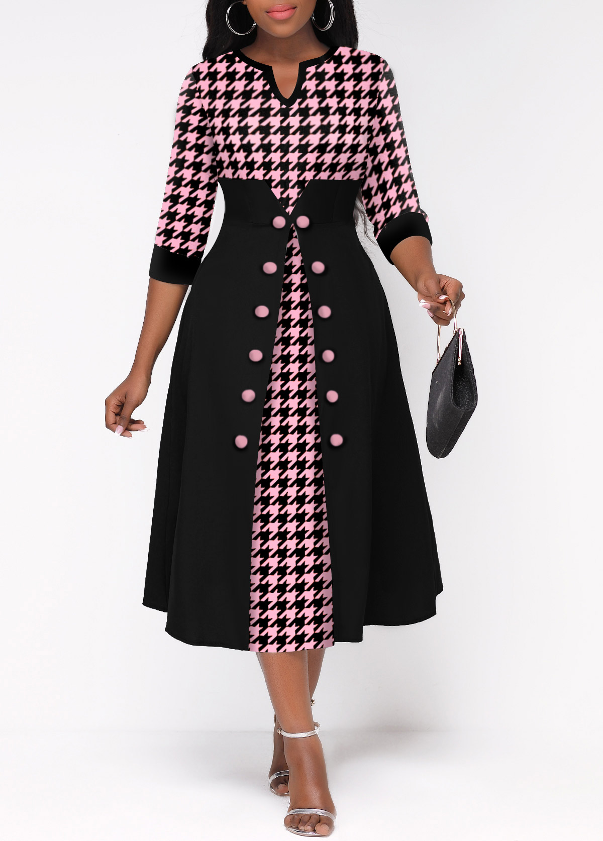 Pink Faux Two Piece Houndstooth Print Dress