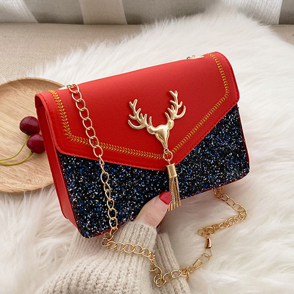 Red Magnetic Sequined Faux Leather Crossbody Bag
