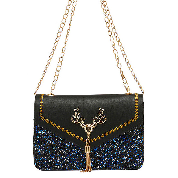 Black Magnetic Sequined Faux Leather Crossbody Bag