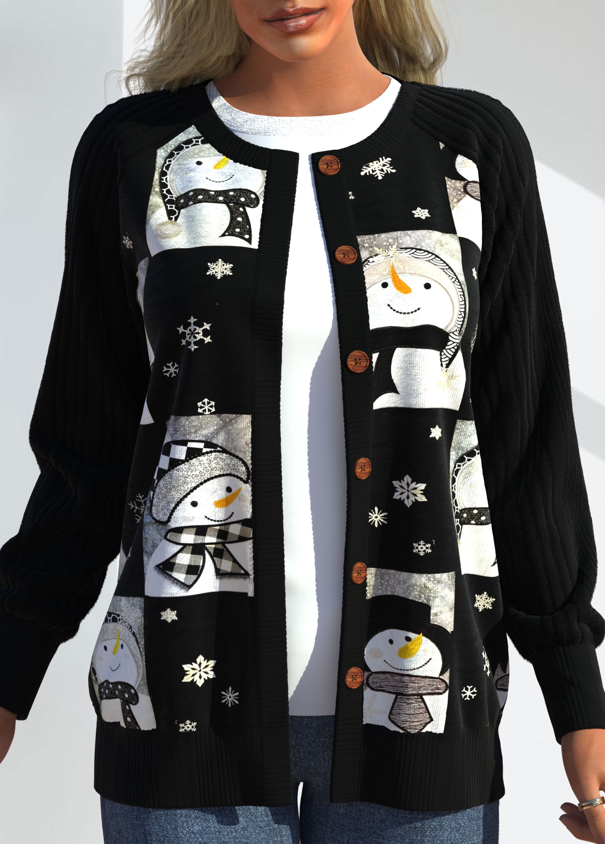Black Patchwork Snowman Print Long Sleeve Christmas Cardigan