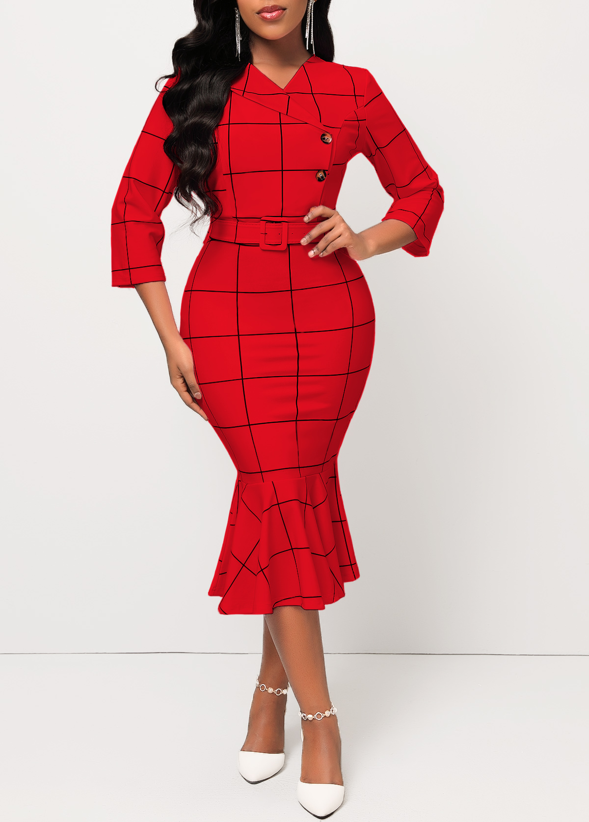 Red Plaid Belted Button Mermaid Dress