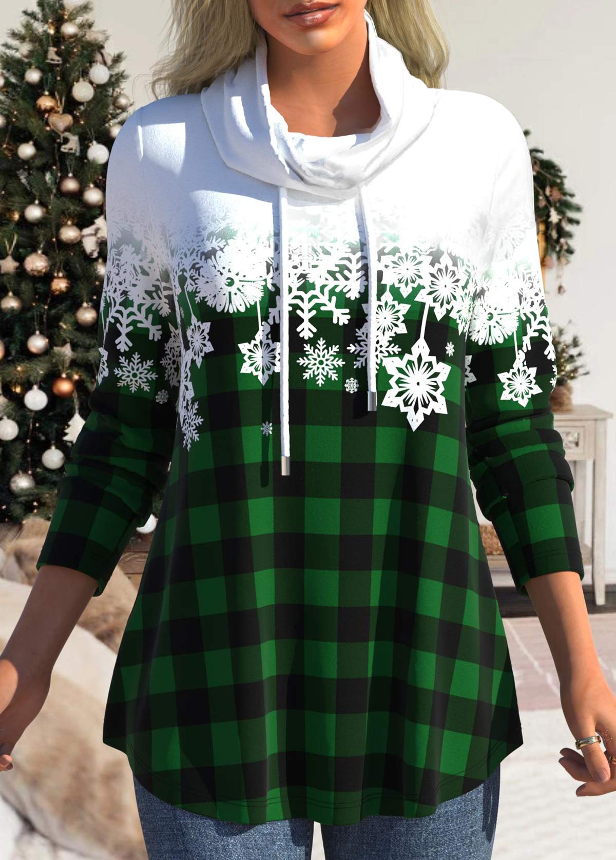 Plus Size Green Drawstring Snowflake Print Long Sleeve Sweatshirt