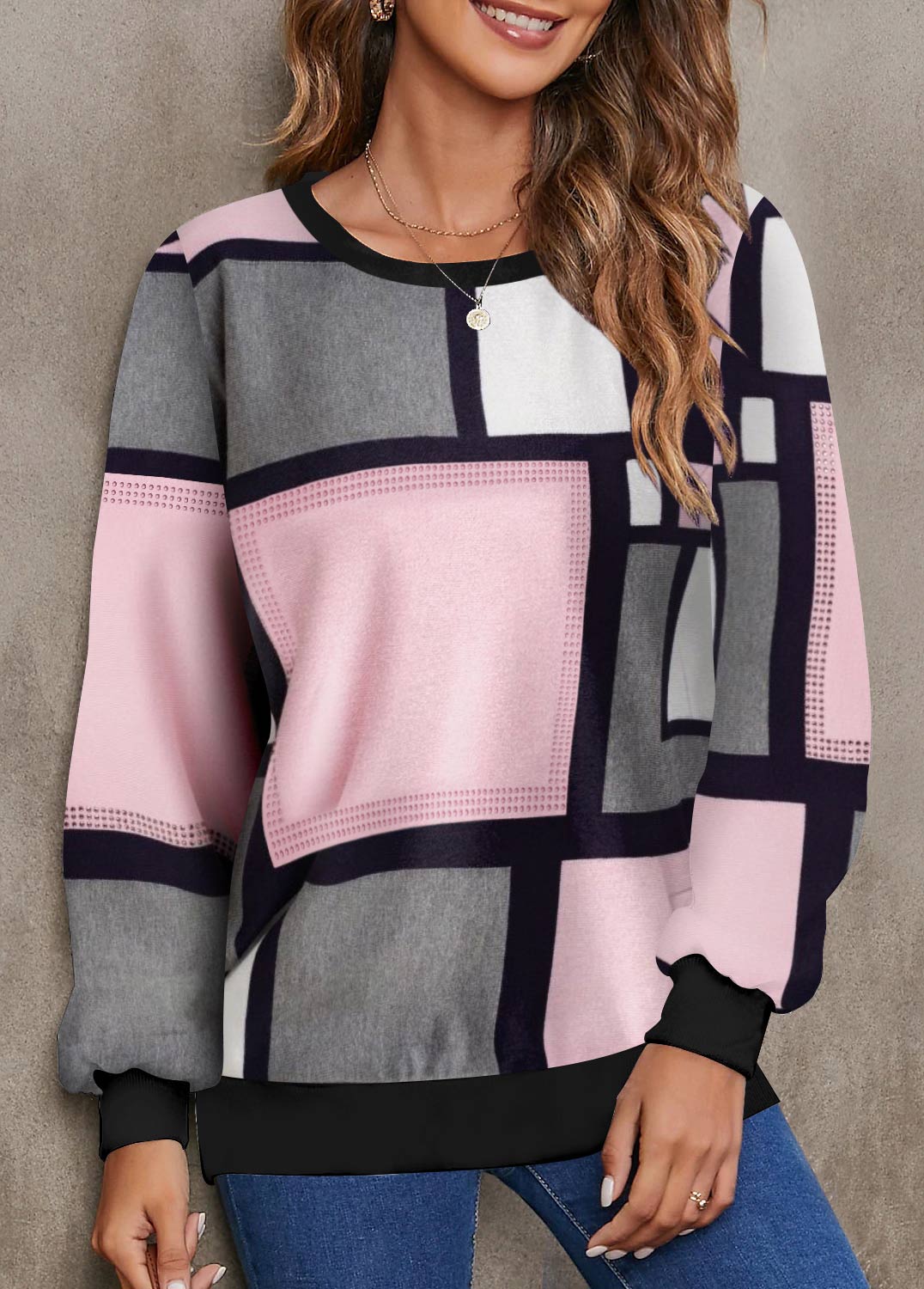 Light Pink Hot Drilling Geometric Print Sweatshirt