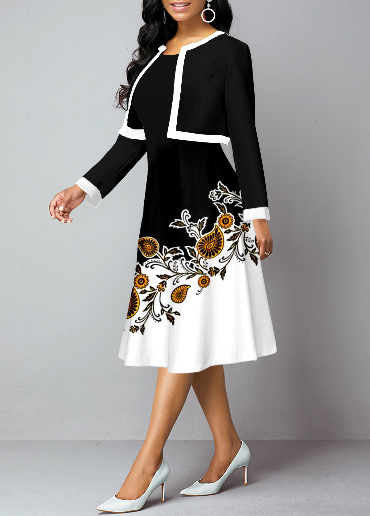 Black Long Sleeve Cardigan and Paisley Print Dress