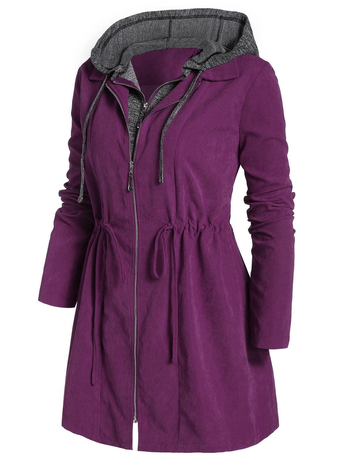 Violet Drawstring Plus Size Long Sleeve Hooded Coat