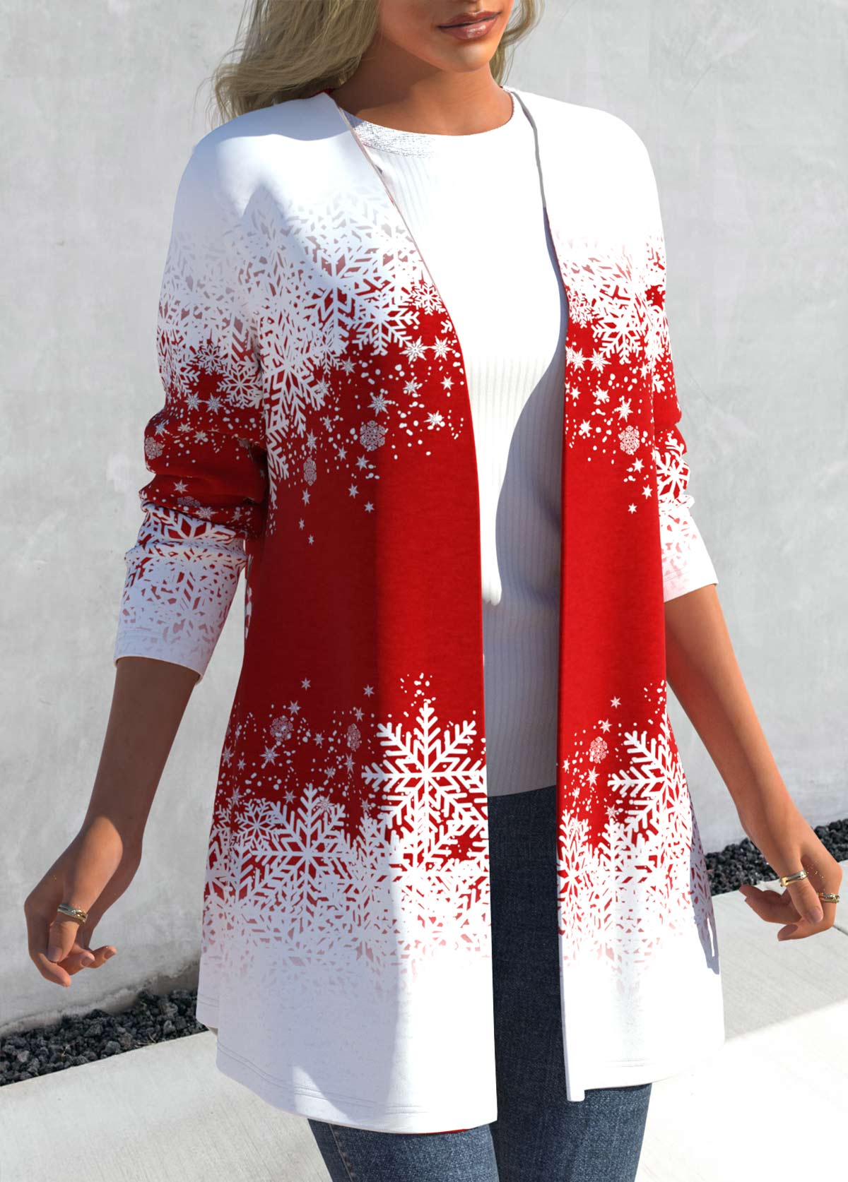 Christmas Red Snowflake Print Long Sleeve Coat
