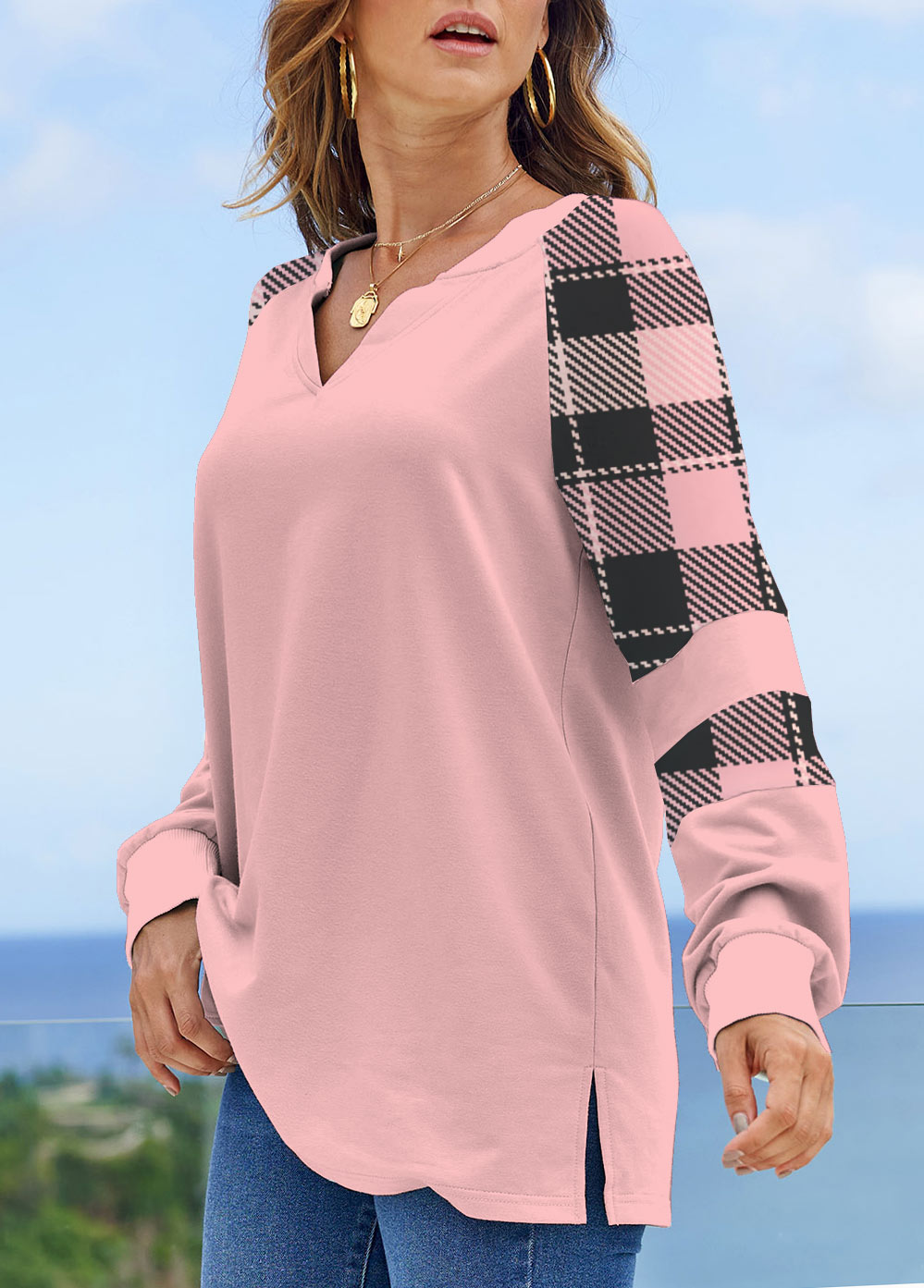 Light Pink Split Plus Size Plaid Sweatshirt