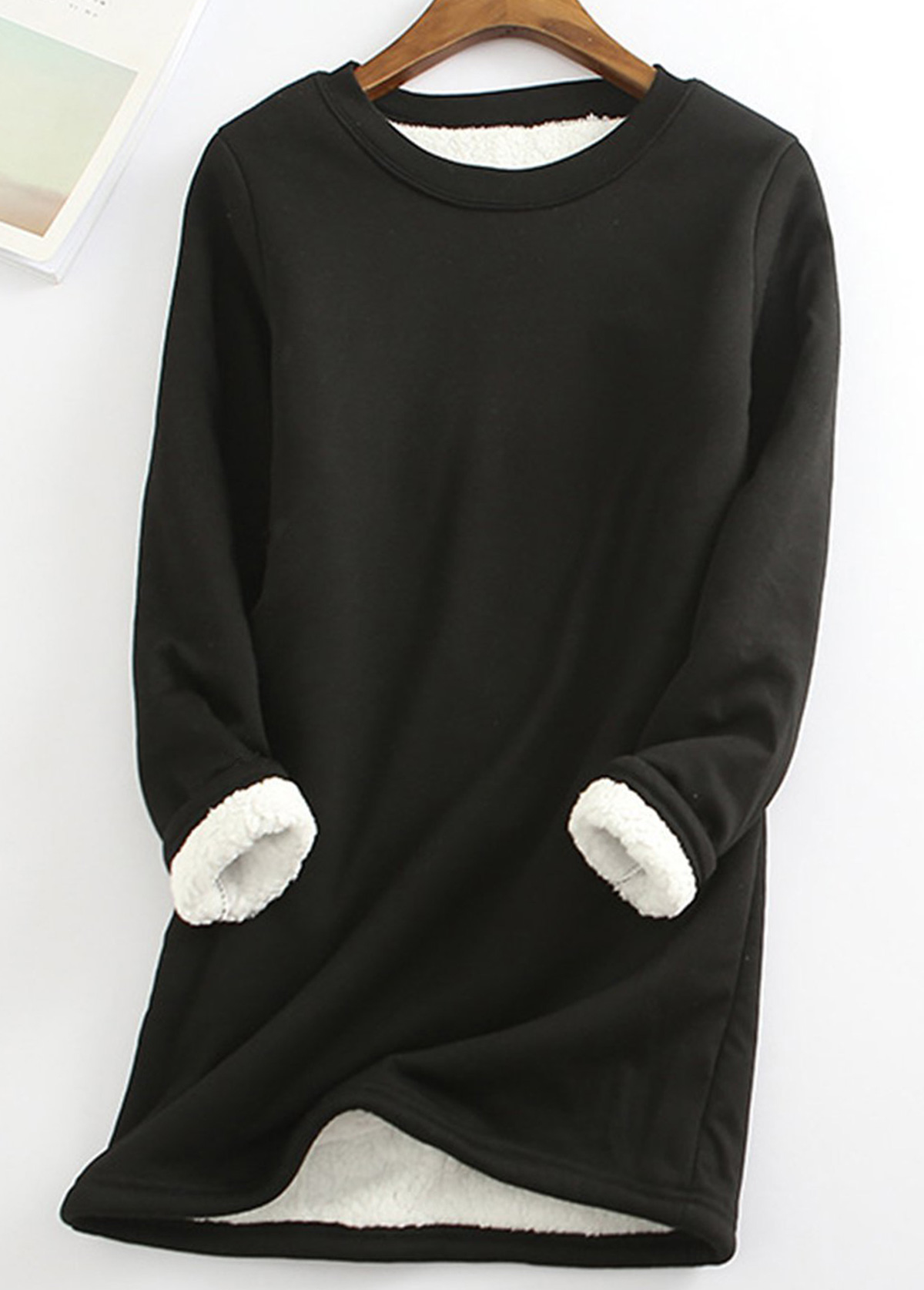 Black Plush Long Sleeve Round Neck T Shirt