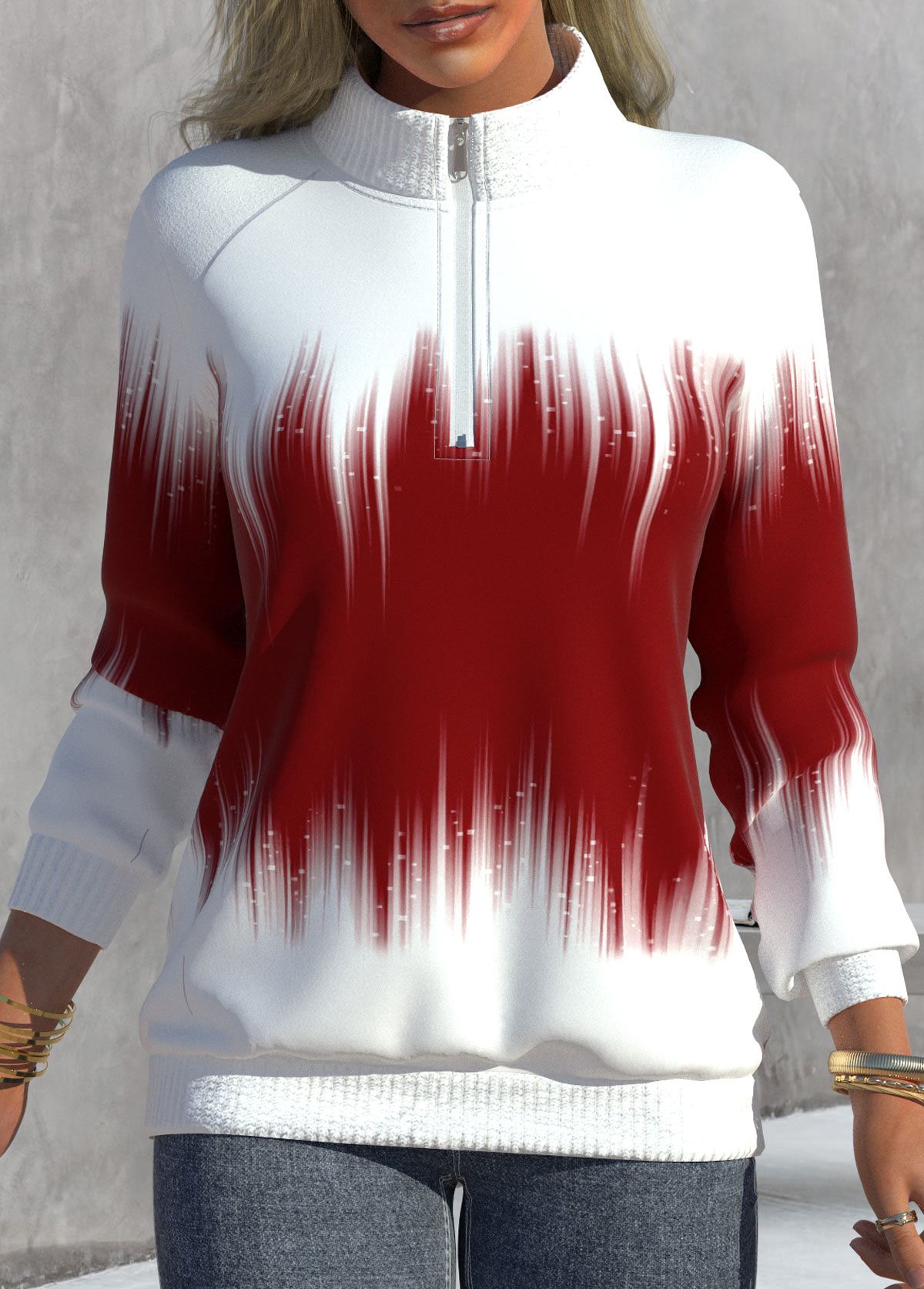 Red Zipper Ombre Long Sleeve High Neck Sweatshirt