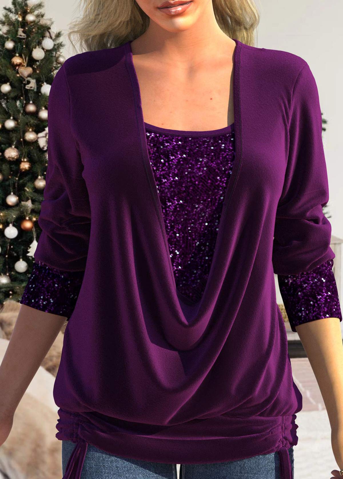 Purple Sequin Long Sleeve Square Neck T Shirt