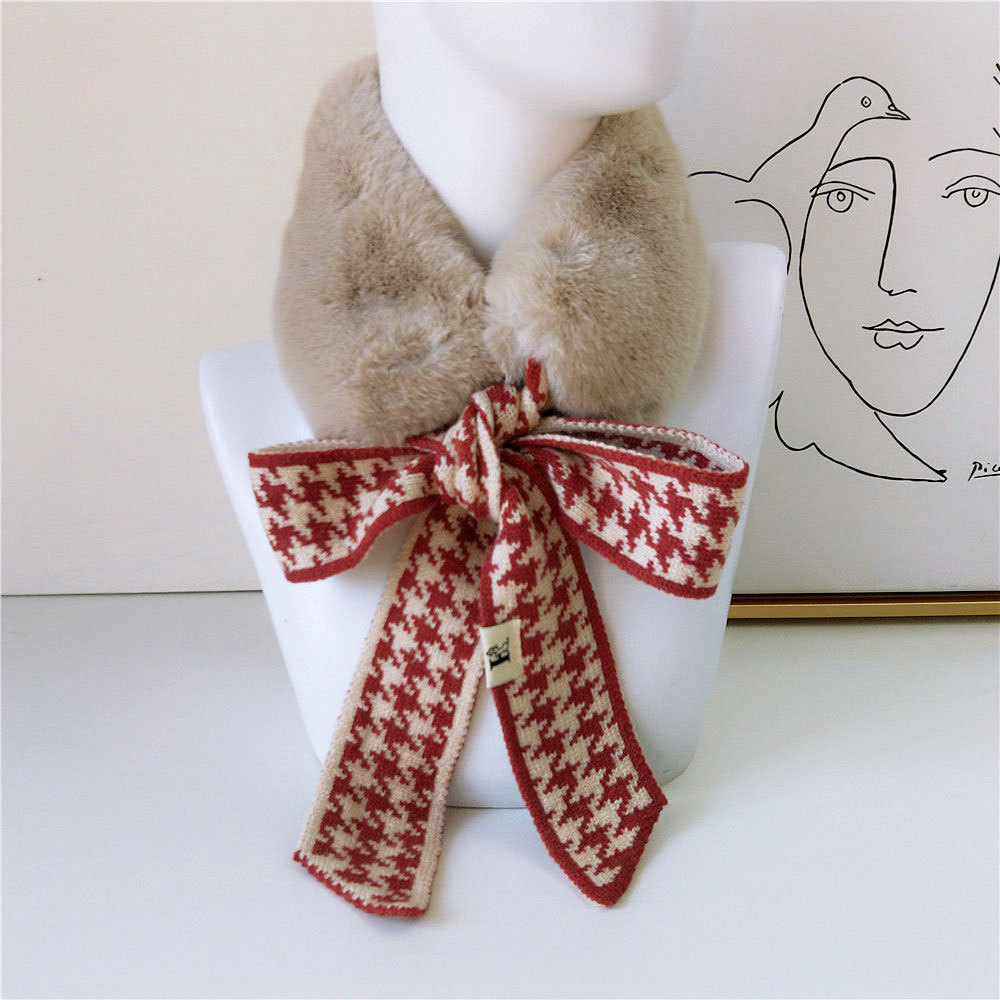Red Houndstooth Print Tie Faux Fur Scarf