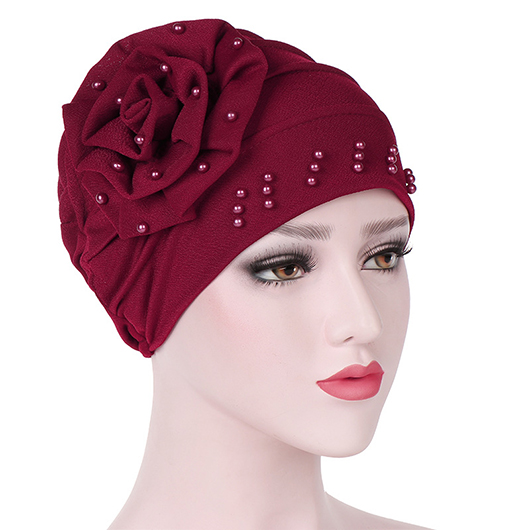 Wine Red Cotton Floral Design Turban Hat