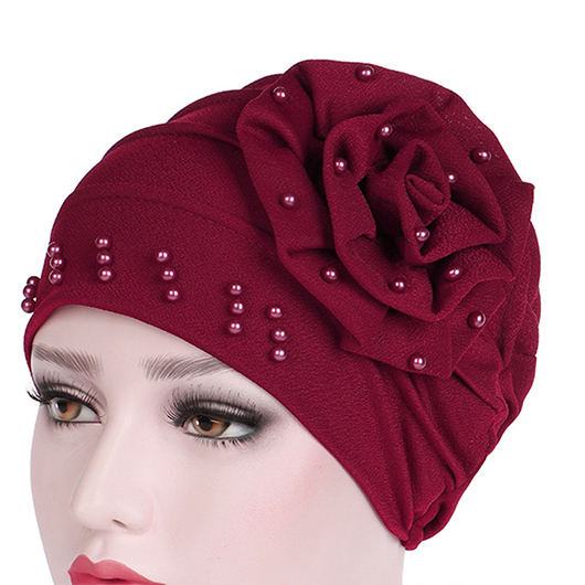 Wine Red Cotton Floral Design Turban Hat