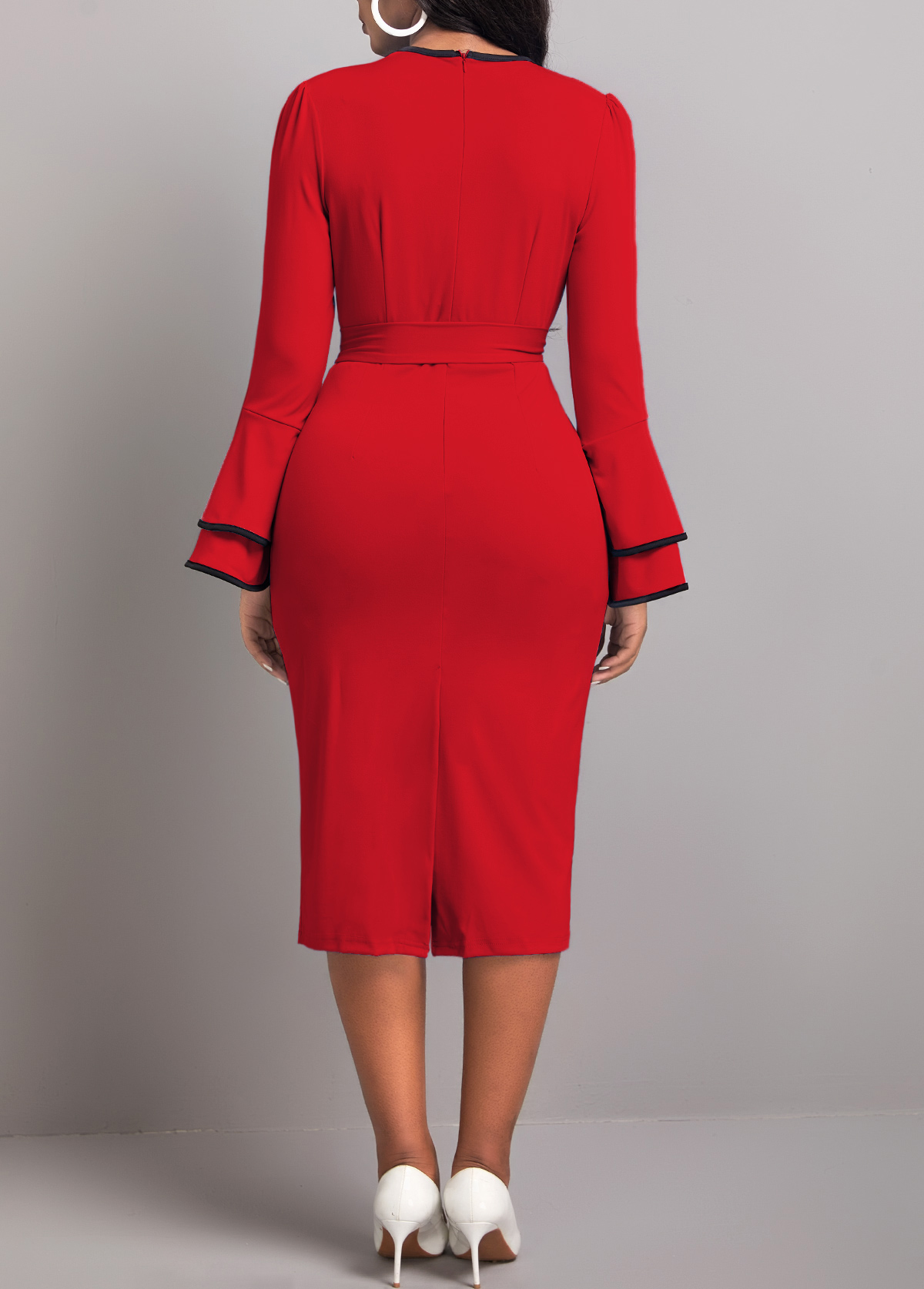 Wine Red Contrast Binding Belted Bodycon Dress