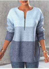 Light Blue Zipper Contrast Long Sleeve Sweatshirt