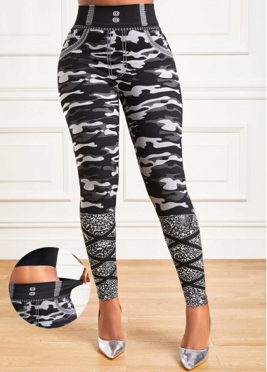 Modlily Grey Camouflage Print High Waisted Ankle Length Leggings - M