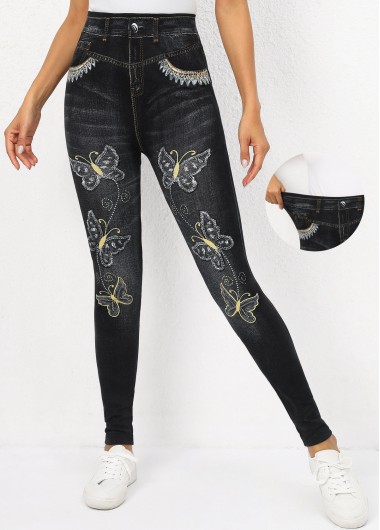 Modlily Black Butterfly Print High Waisted Ankle Length Leggings - M