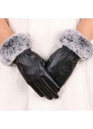 Modlily Faux Rabbit Fur Warming Black Full Finger Gloves - One Size