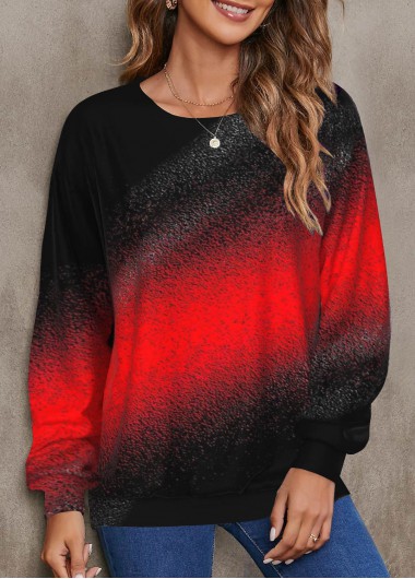 Modlily Red Ombre Long Sleeve Round Neck Sweatshirt - M