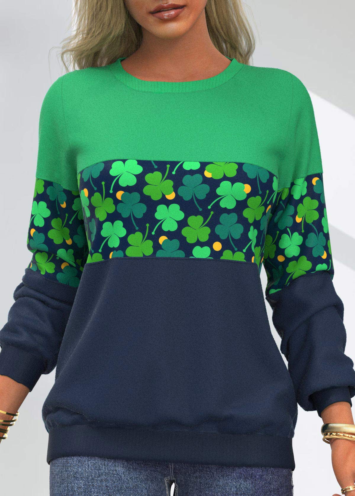 Patricks Day Four Leaf Clover Green Contrast Sweatshirt