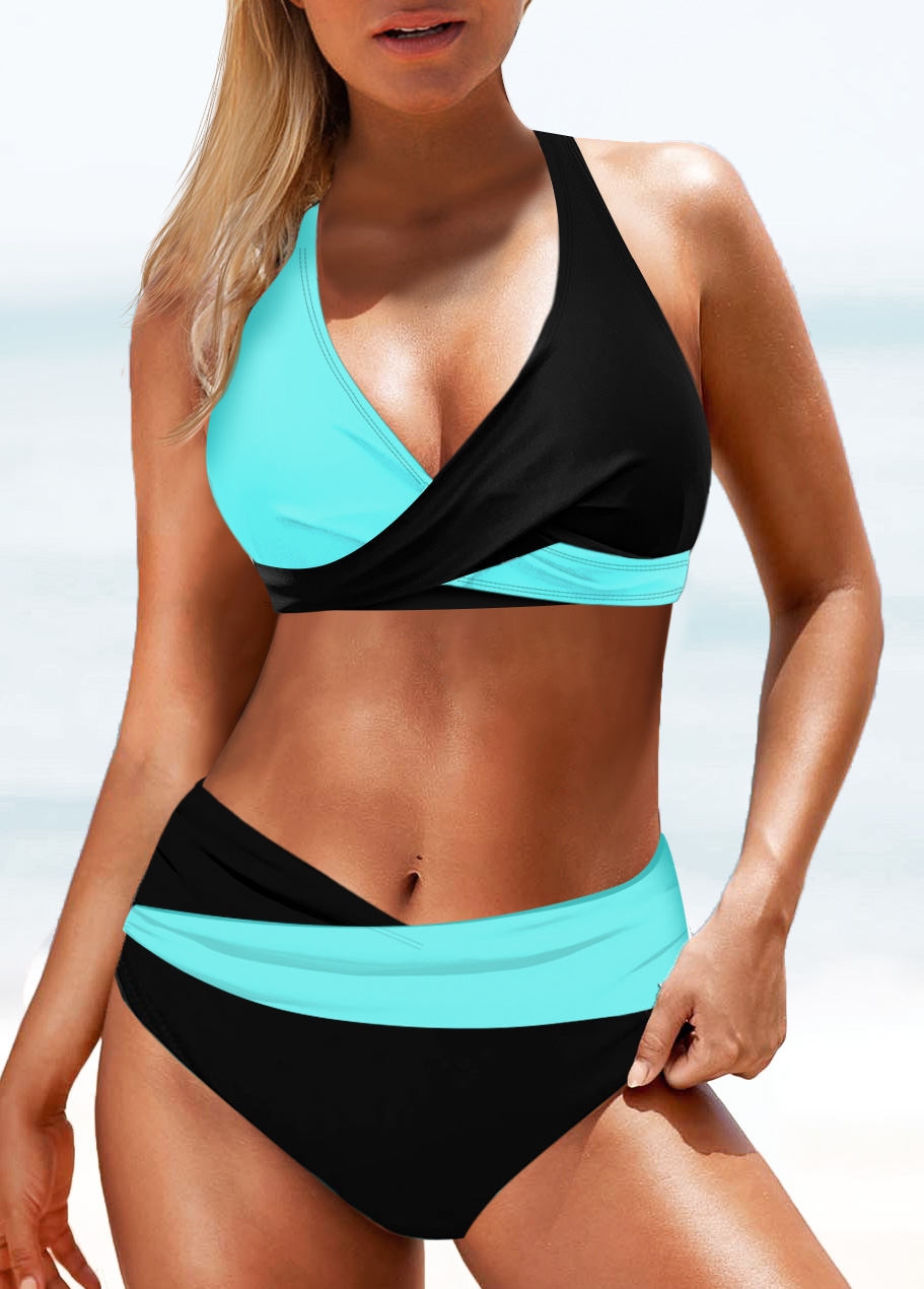 Patchwork Mid Waisted Cyan Bikini Set | picture 