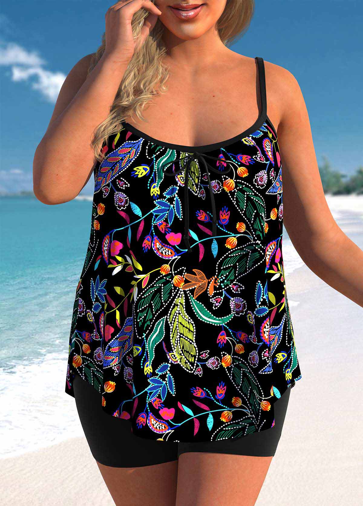 Plus Size Black Leaf Print Tankini Set