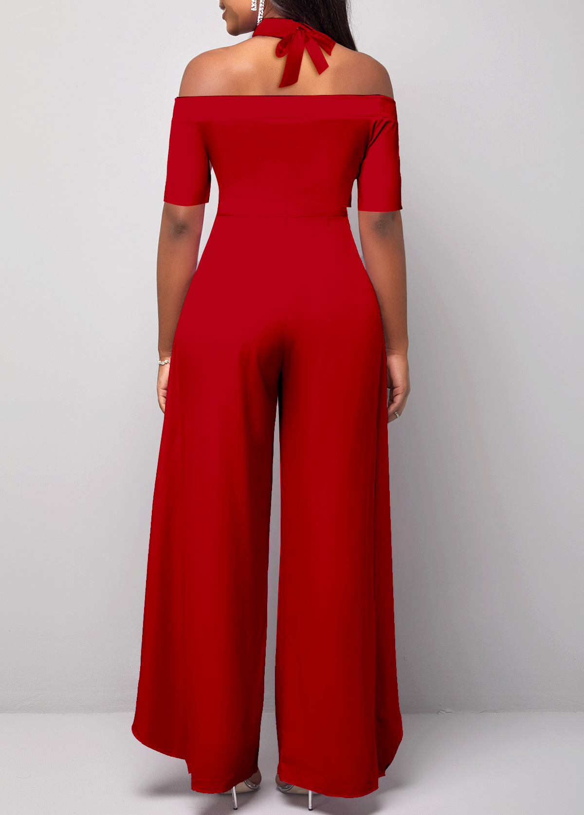 Red Plus Size Short Sleeve Halter Cold Shoulder Jumpsuit