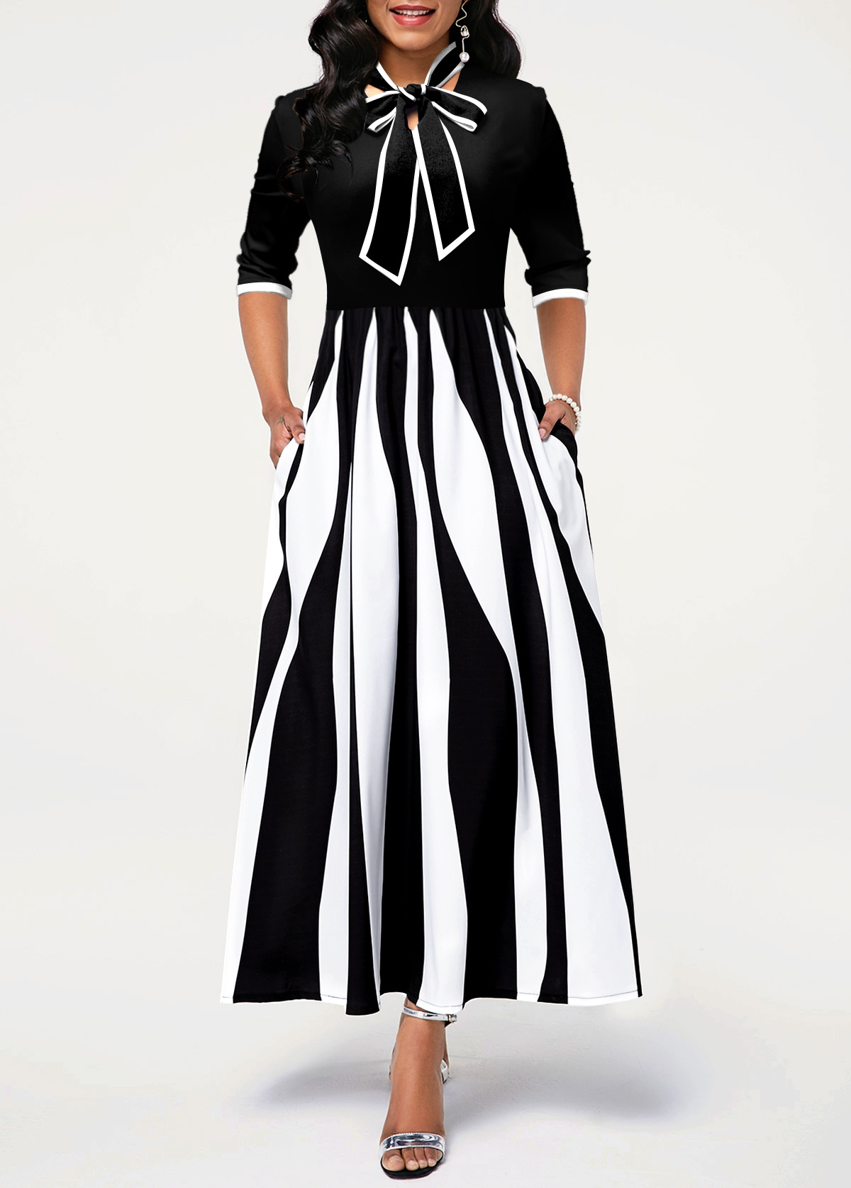 White Pocket Geometric Print Maxi Dress